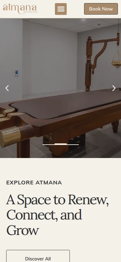 Atmana Wellness and Spa homepage on mobile, designed and built by gang&lani media